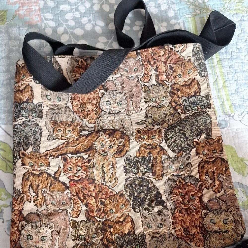 Cat Tapestry Tote Bag with Black Straps